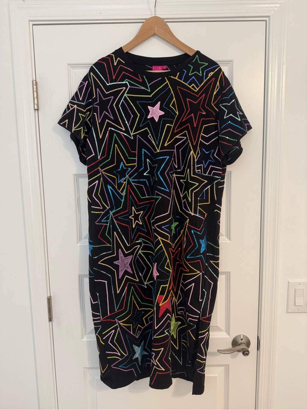 Qos: Black Star Print Tee Dress With Multicolor Outline Stars